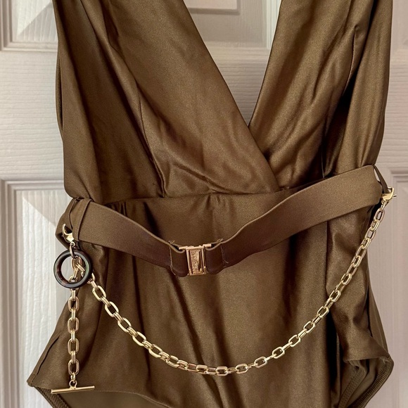Zimmermann Olive Satin Bodysuit with Gold Chain